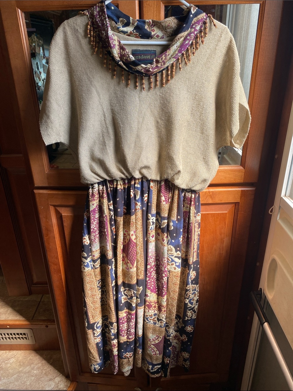Vintage Just In Thyme Ltd. Midi Dress Beige & Navy Hippie Grunge Festival